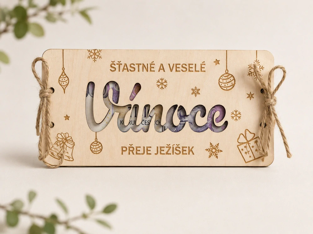 Dřevěná obálka na peníze Vánoce
